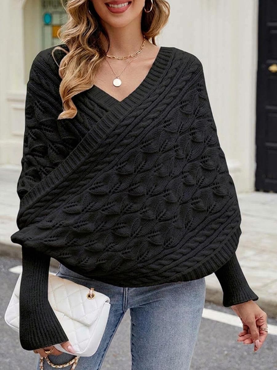 Women's Solid-color V-neck Long-sleeve Casual Loose Reversible Knit Top