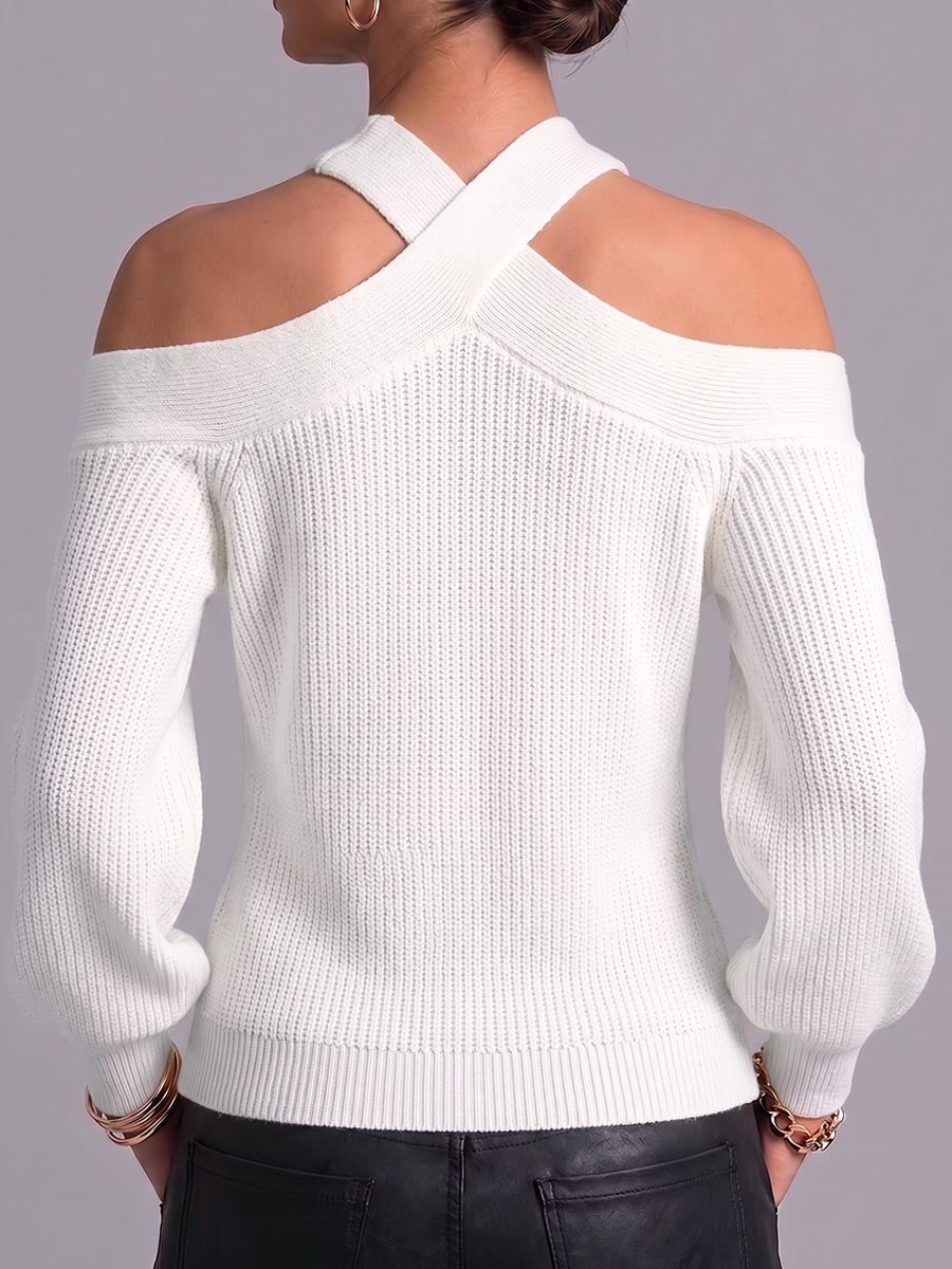 Women's Solid Color Halter Neck Off-shoulder Long-sleeved Knit Top