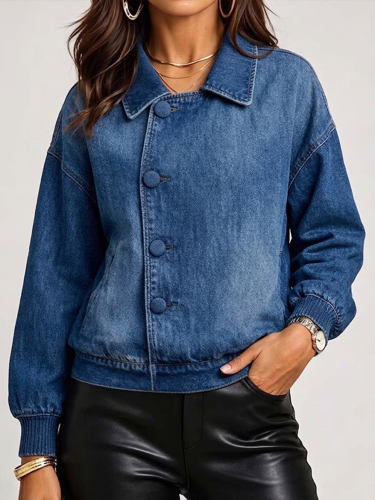 Asymmetric-placket Denim Jacket With A Collar
