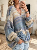 Chic Casual V-neck Knit Sweater With A Gradient Multi-color Blend, Fringe, And Pockets