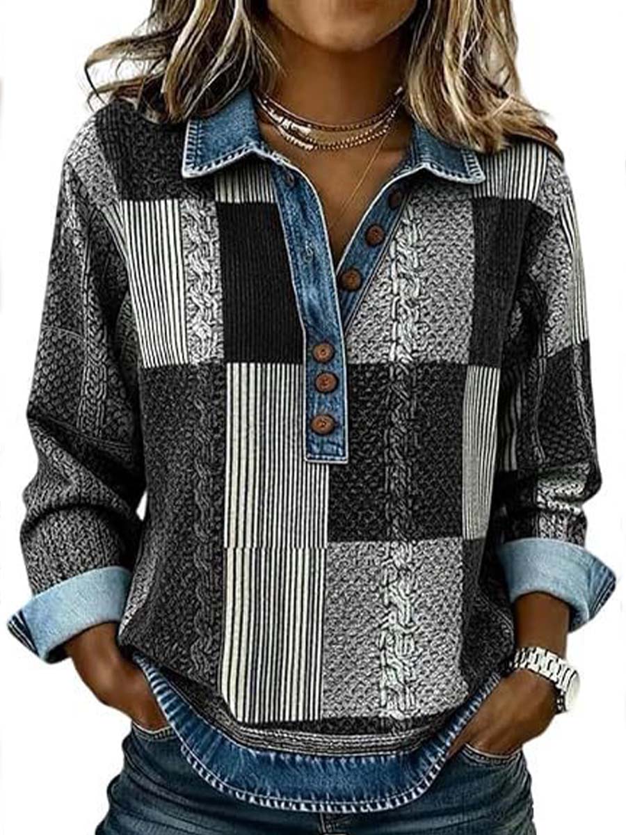 Women’s Long-sleeved Pullover With A Denim-style Collar And Digital-print Paneling