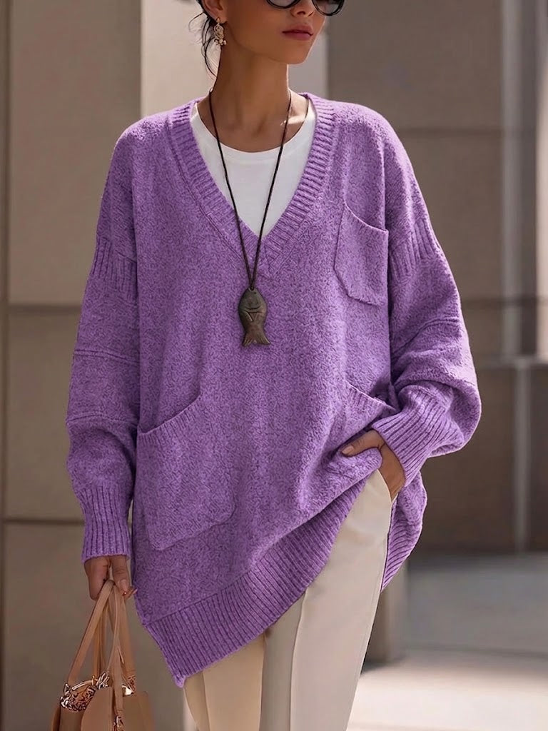 V‑neck Multi‑pocket Drop‑shoulder Oversized Knit Sweater
