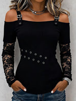 Women's Solid-color Off-shoulder Long-sleeve Casual Loose Lace-panel Top