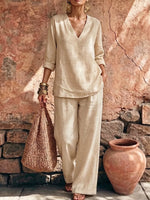 Women's Solid Color V-neck Long-sleeve Casual Loose Cotton-linen Top And High-waisted Wide-leg Pants Set