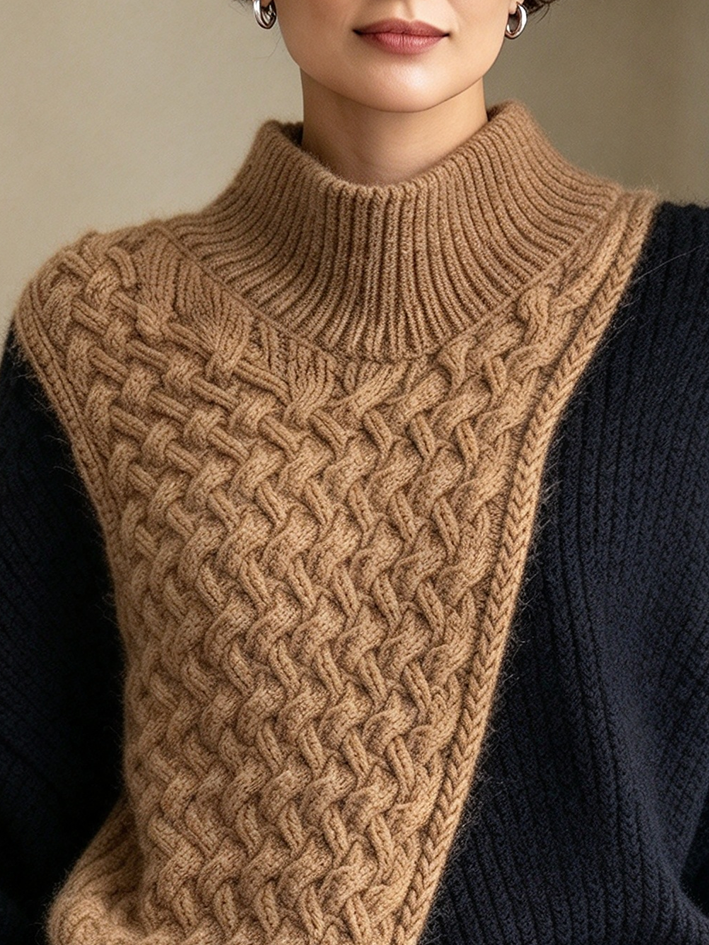 Modern Cozy Colorblock Cable-knit Mock Neck Sweater
