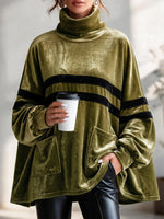 Women's Loose-fit Velvet Top With Stand Collar, Long Sleeves, And Contrast Trim