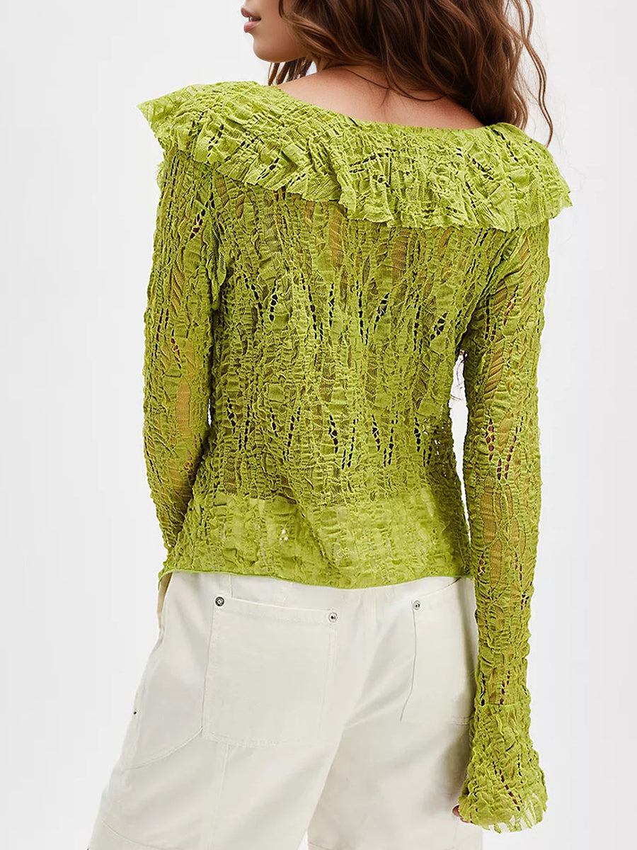 Chic Ruffled Lace Textured V-neck Top