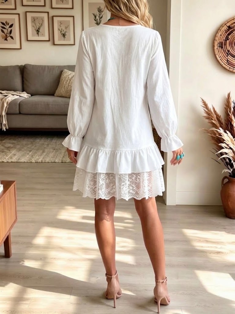 V-neck Dress With Lantern Sleeves, Lace Inserts, And Ruffles