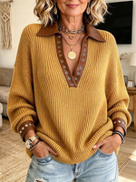 Casual Stylish Contrast Leather-trim Knit Sweater