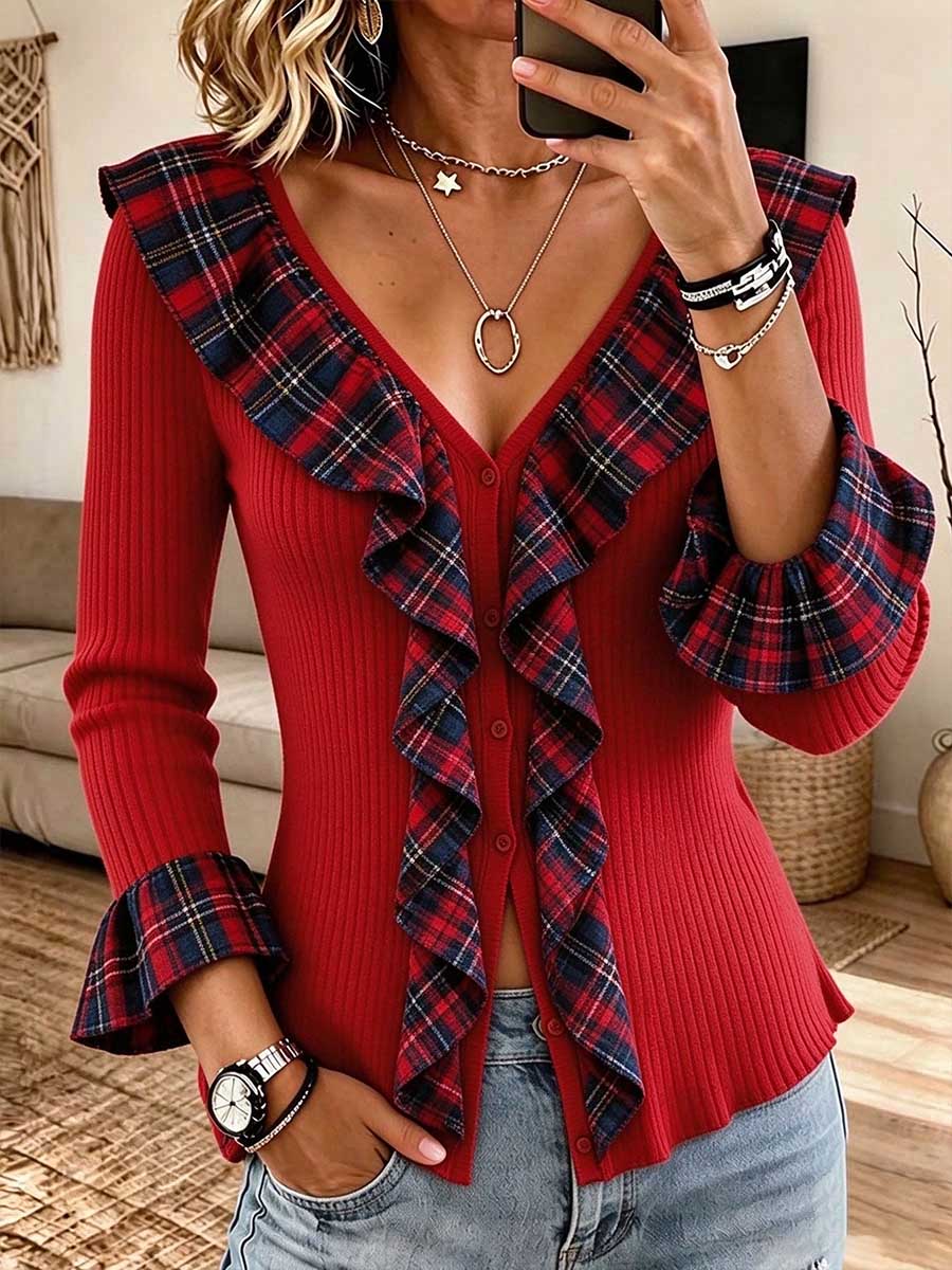 Women's Plaid Ruffle Trim V-Neck Ribbed Knit Button-Down Top Cardigan