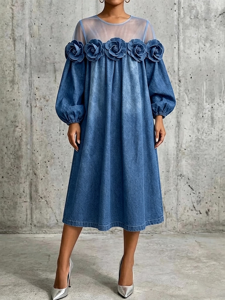 Loose-fit 3d Denim Rose Appliqué And Mesh Patchwork Denim Dress