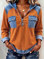 Chic Caramel Corduroy and Denim Patchwork Hooded Top