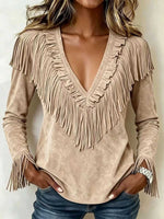 Women's Solid Color V-neck Long-sleeved Casual Loose Tassel Top