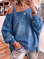 Edgysloping shoulders Denim-Wash Buckle Top