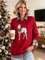 Fake-two-piece Plaid Layering Horse Graphic Sweatershirt