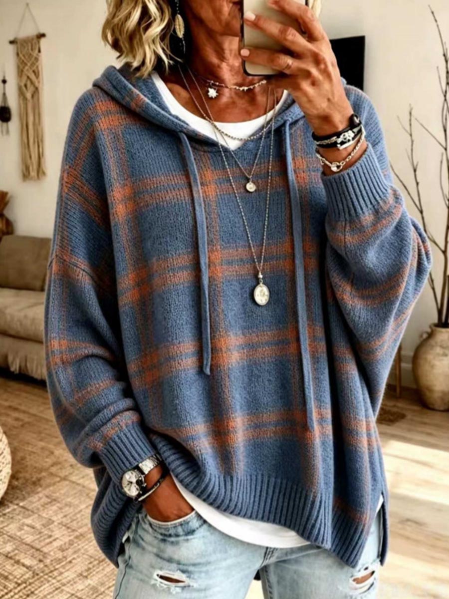 Women's Casual Plaid Hooded Long Sleeve Knit Sweater