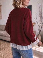 Women's Burgundy Layered Lace Trim Sweater With Bow Accents