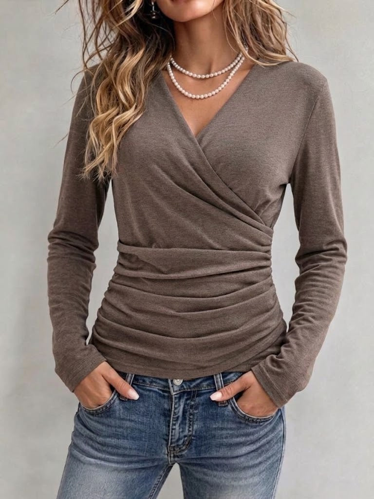 V-neck Wrap-style Ruched Slim-fit Long-sleeve Top