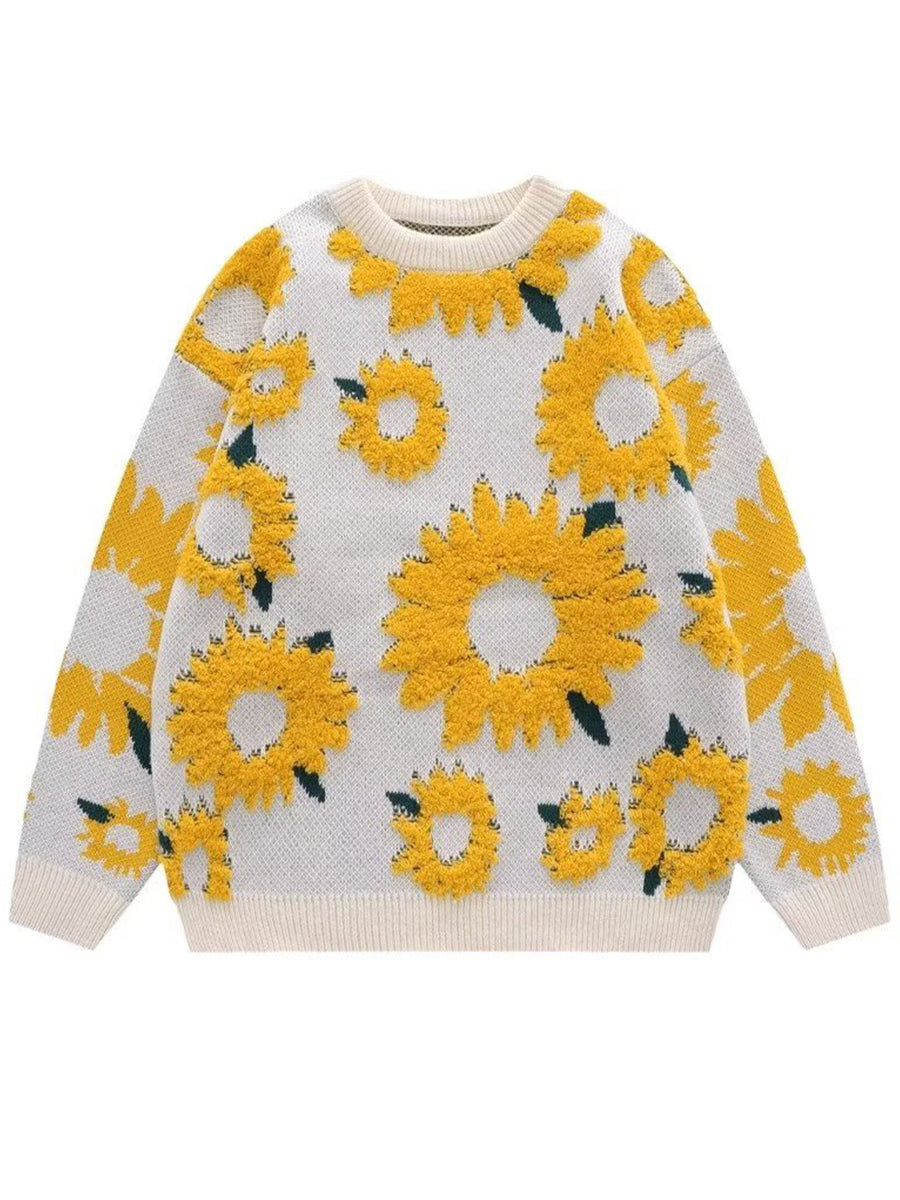 Casual And Comfortable Crew-neck Knit Top With 3d Sunflower Jacquard