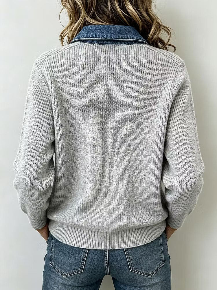 Casual Denim Pocket Knit Tops