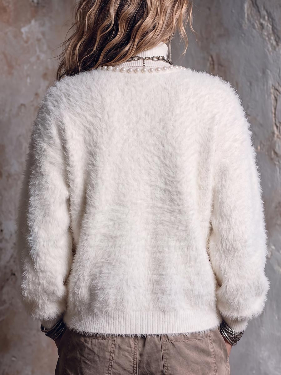 Women's Solid Color Round Neck Long Sleeve Beaded Casual Loose Knit Cardigan
