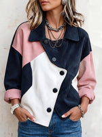 Women's Lapel Long-Sleeve Loose-Fit Color-Block Panel Casual Jacket
