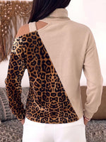 Women's High-neck Hollow-out Long-sleeved Casual Loose Leopard Print Patchwork Sweatshirt