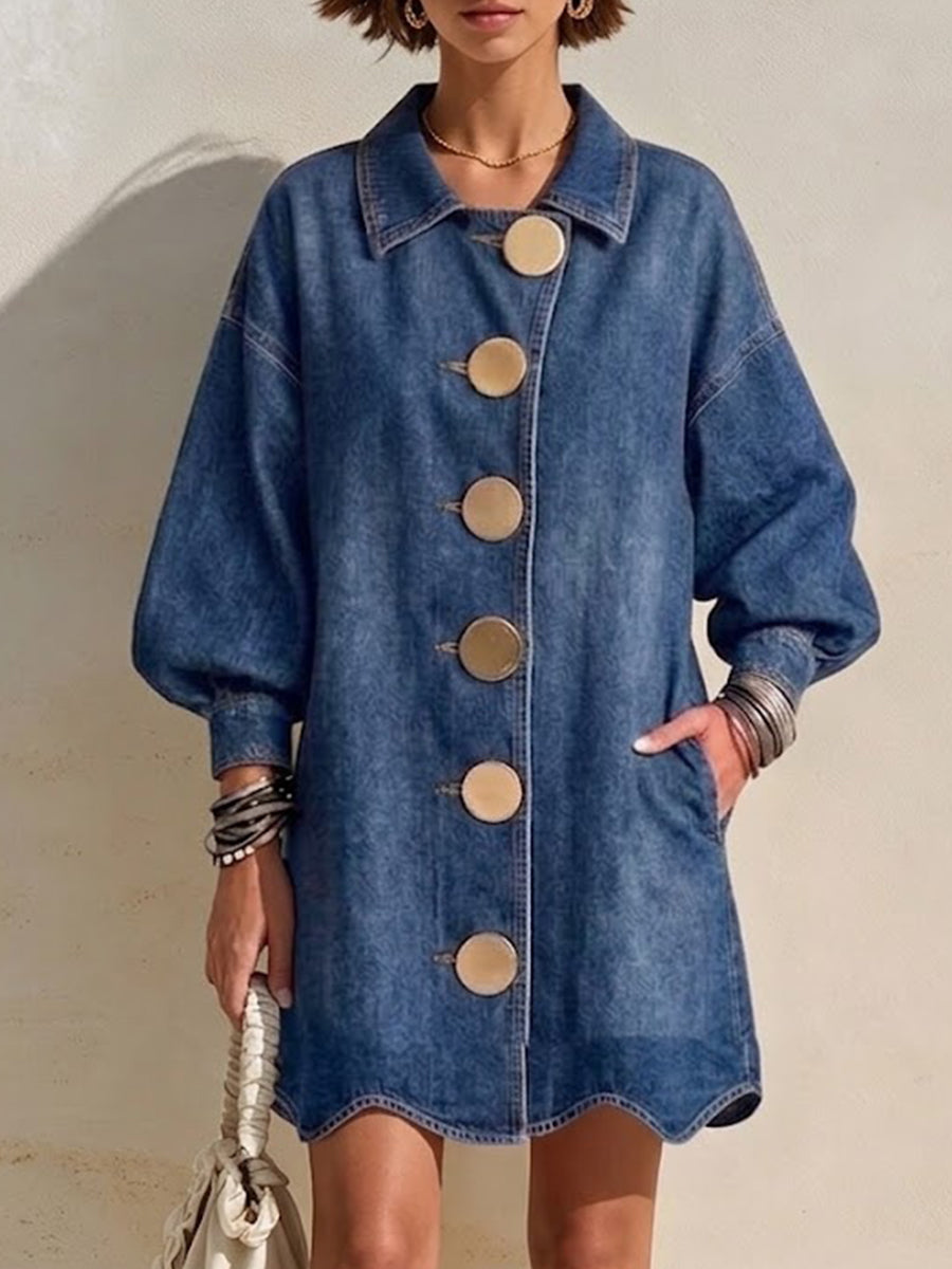 Knee-length Denim Dress Featuring A Lapel Collar, Large Gold Buttons, Lantern Sleeves, And A Wavy Hem