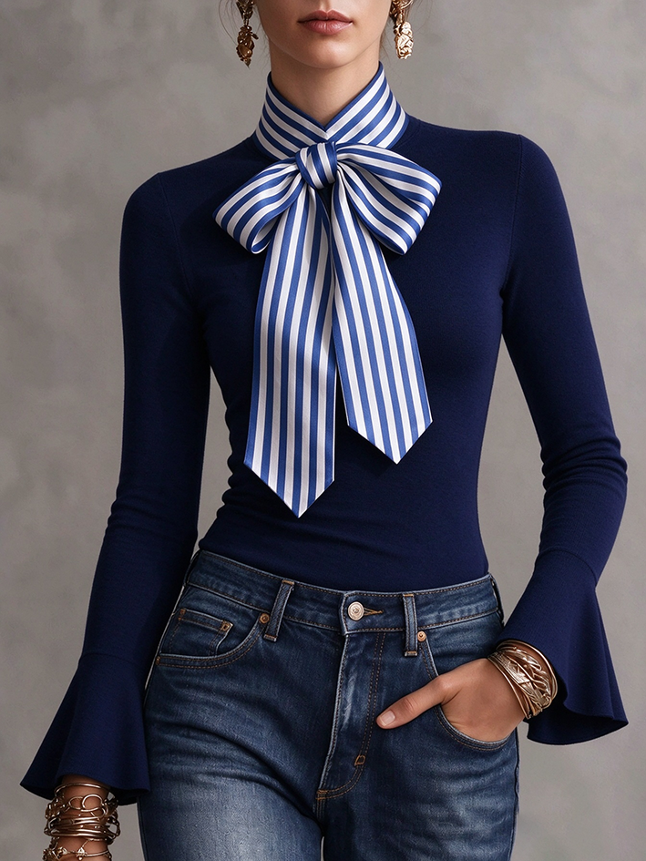 Stylish Stretch Striped Bow Tie Top