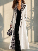 Women's Retro Velvet Long Coat With Leopard Print Color Block Lapel And Inner Panels Single-breasted Long Sleeve Trench Coat