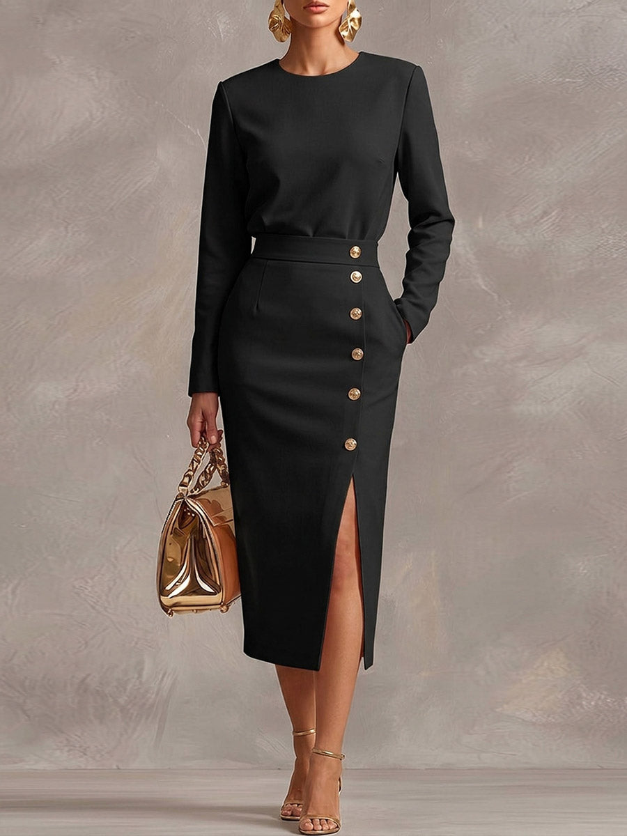 Women's Solid Color Round Neck Long Sleeve Casual Loose Slit Dress