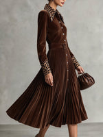 Vintage-style Leopard-print Paneled Velvet Pleated Midi Dress