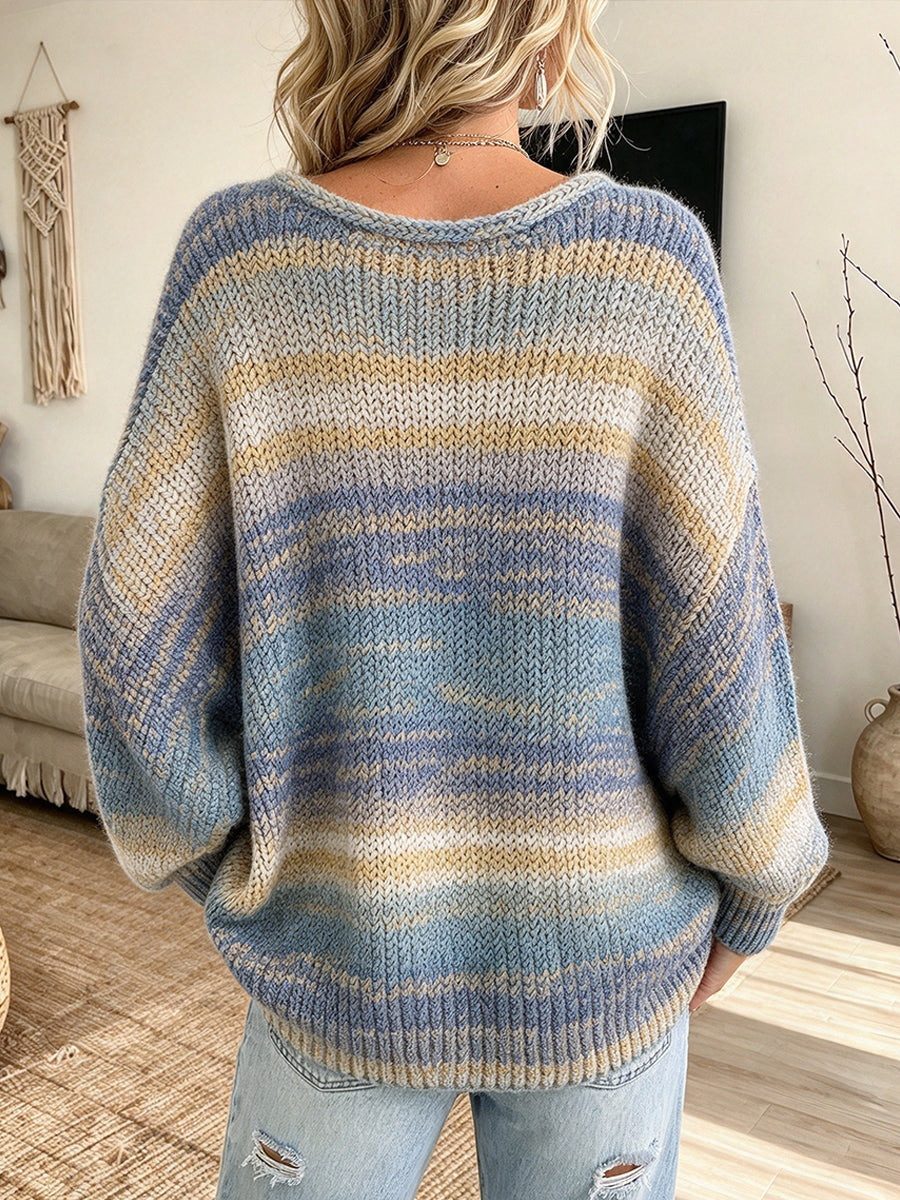 Chic Casual V-neck Knit Sweater With A Gradient Multi-color Blend, Fringe, And Pockets