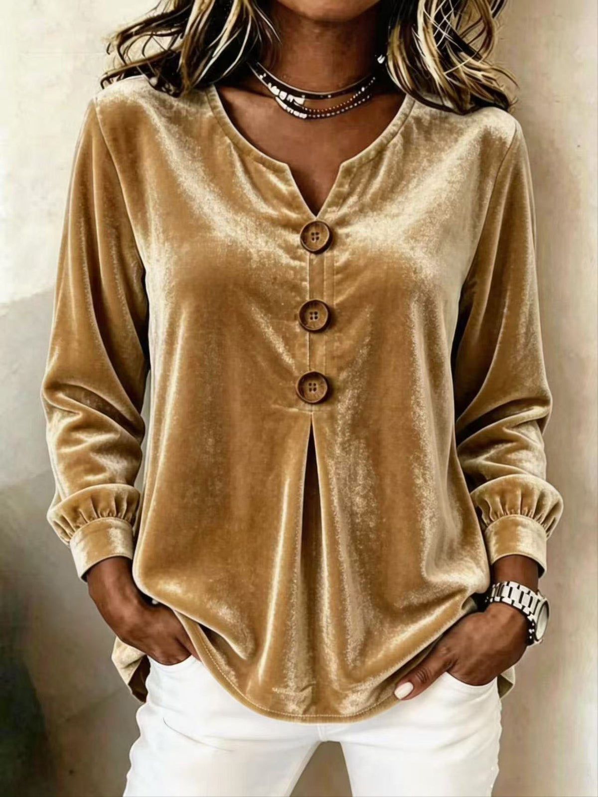 Elegant Soft Velvet Button-down Shirt Top
