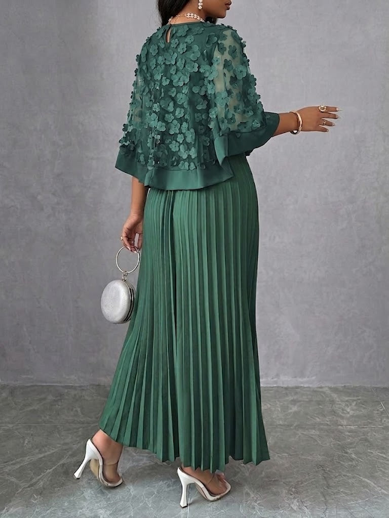 Mid-length Dress Featuring A Spliced mesh Cape With 3d Floral Appliqués