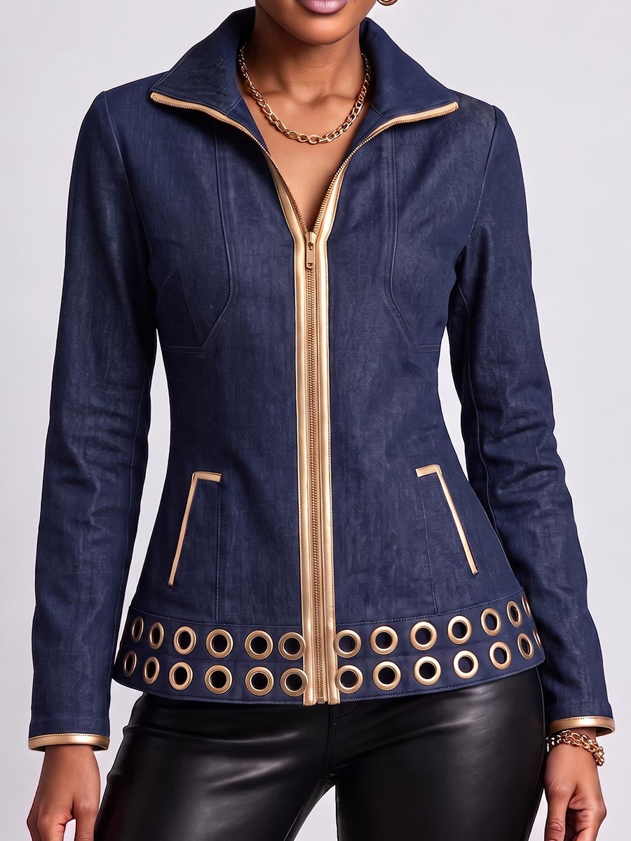 Women's Collared Long-sleeved Round Metal Cutout Casual Loose Denim Cardigan