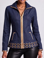 Women's Collared Long-sleeved Round Metal Cutout Casual Loose Denim Cardigan