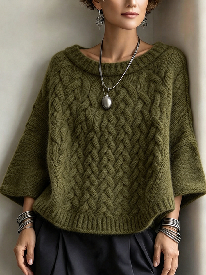 Chic Relaxed Batwing Olive Green Cable-knit Sweater