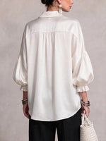 Elegant Satin Shirt With Pointed Collar, Rhinestone Embellishments, And Draped Lantern Sleeves