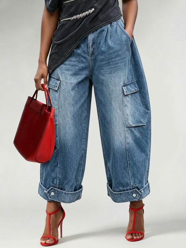 Vintage-wash Wide-leg Utility Jeans