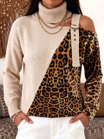 Women's High-neck Hollow-out Long-sleeved Casual Loose Knitted Patchwork Leopard Print Top