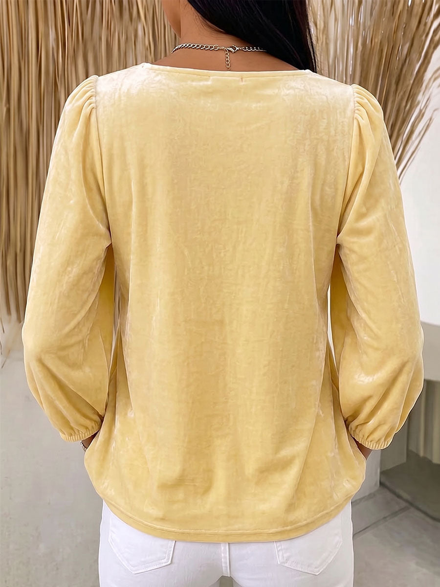 Women's Solid Color Square Neck Long Sleeve Casual Loose Velvet Pullover Top