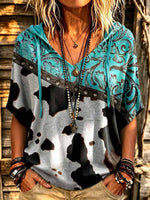 Women's Retro Abstract Print V-neck Short Sleeve Casual Loose Hooded Pullover