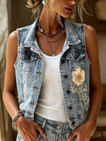 Romantic 3D Floral Embellished Denim Vest