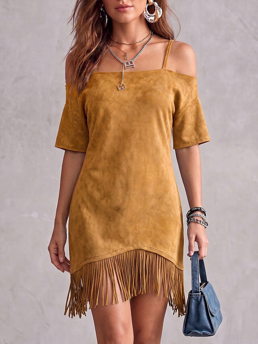 Women's Solid Color Short-sleeve Casual Loose Suede Dress With Tassels