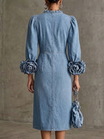Stylish Mid-length Denim Dress With 3d Floral Cuffs And Front Button Closure