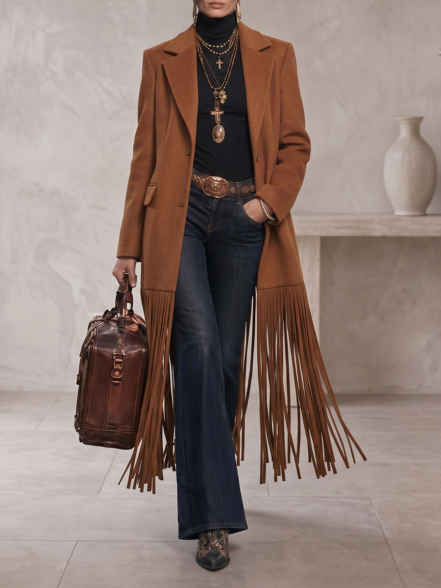 Chic Fringe-Hem Wool-Blend Trench Coat