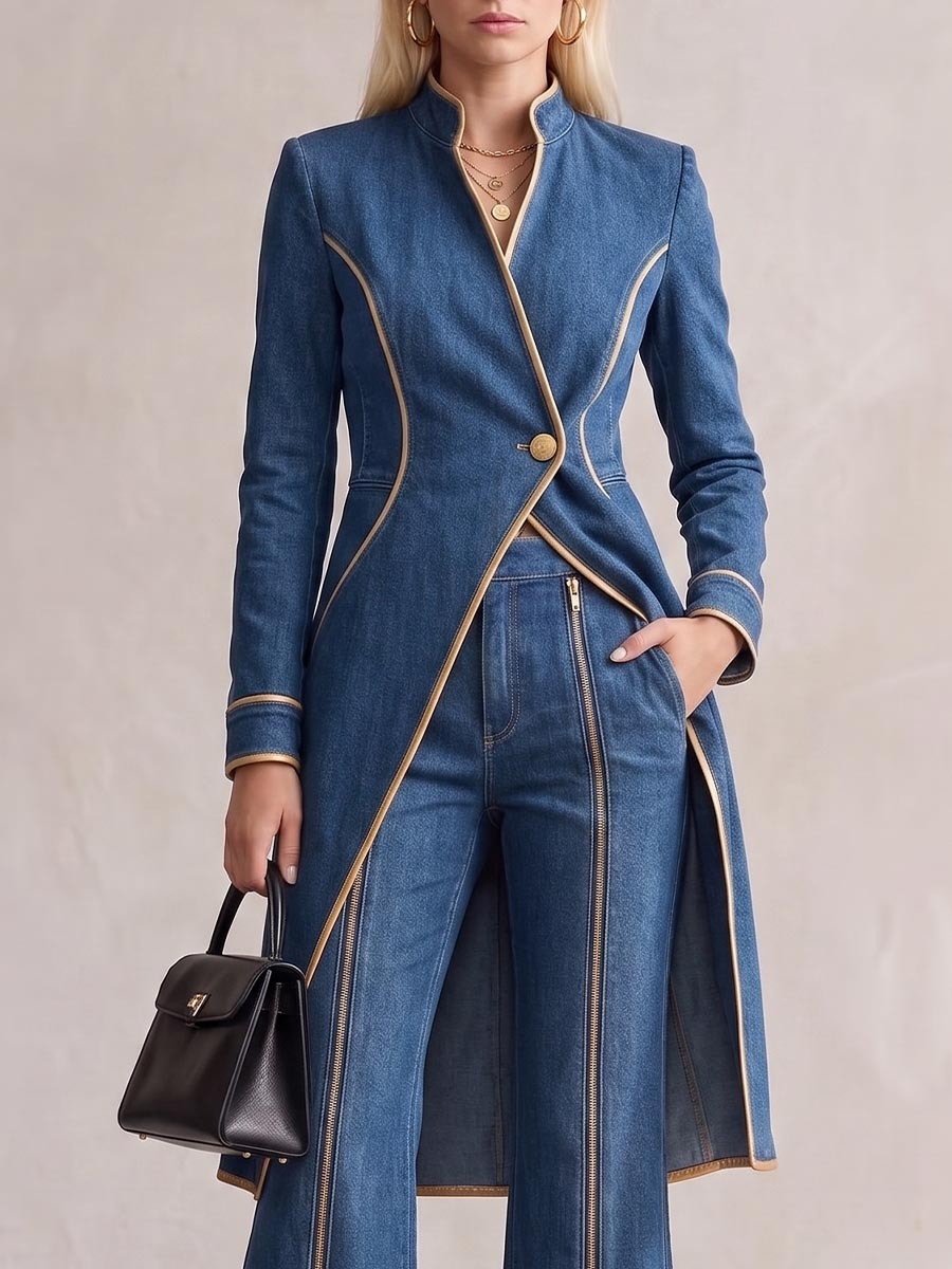 Women's Stand Collar Long Sleeve Casual Loose Denim Long Jacket