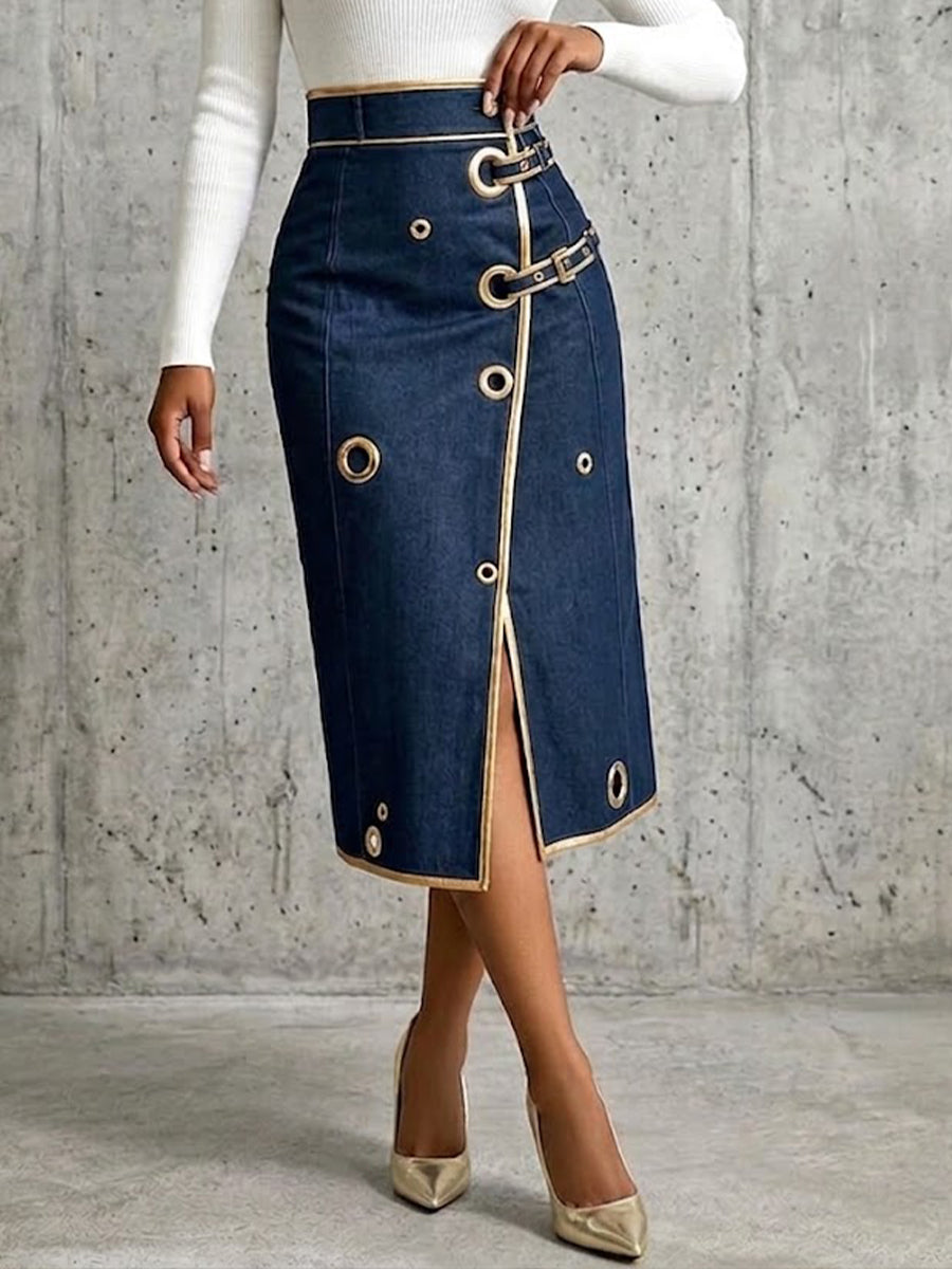 Chic And Refined Denim Midi Skirt With Gold Piping.