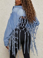 Lapel Back Braided Knot Fringe Cut‑out Loose Denim Jacket